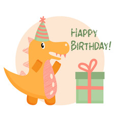 Cute dinosaur in style cartoon, happy birthday. Vector flat illustration.