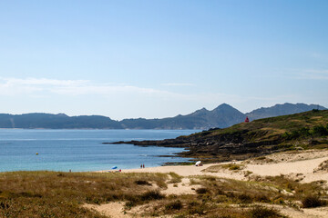 Sandy beach in Rias Baixas with Cies Islands views