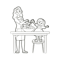 Coloring book mom and daughter preparing salad.Vector illustration, black and white line art