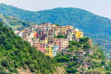 Obraz premium Corniglia in Cinque Terre, Italy, view at the town from mountain trail