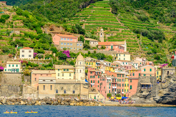 Fototapeta na wymiar Vernazza in Cinque Terre, Italy, view at the town from mountain trail