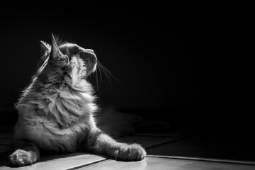 foto de gato en blanco y negro con fondo negro - obrazy, fototapety, plakaty