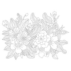 Outline doodle bohemian flowers in black and white for adult coloring books, monocrome floral vector pattern.