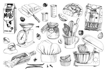 Kitchen tools and ingredients set.
