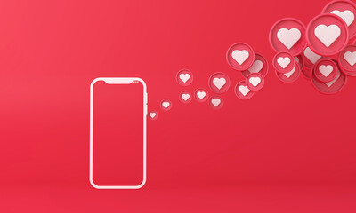 Social media love notification icons flowing from a smartphone. 3D Rendering