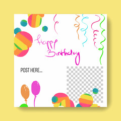 Clean celebration social media template with birthday party colorful background elements. Happy birthday , present, instagram posts for business with place for photos