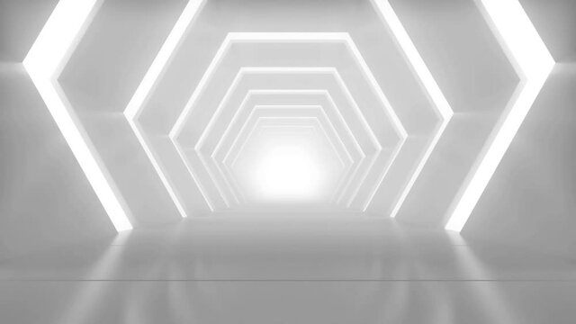 Realistic hexagon architecture studio with the camera moving forward. Slow walking on the clean and empty room. Creative futuristic tunnel. 3d loop animation.