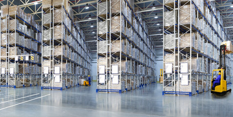 Huge distribution warehouse with high shelves and forklifts.