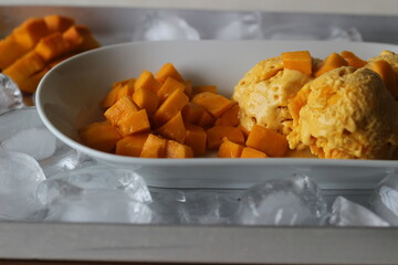 Scoops of Home made mango ice cream served with fresh cut Lalbagh mangoes.