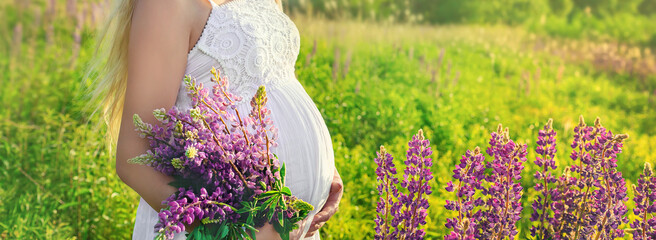 Pregnant woman in a lupine field. Selective focus.