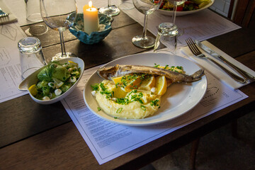 Dinner fish with mashed potatoes and wish. Fresh cucumber salad as a side with dill in a restaurant. 