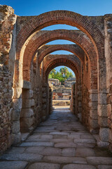 Entrance arches to the Roman amphitheater of Mérida, in the province of Badajoz. Estremadura. Spain - obrazy, fototapety, plakaty