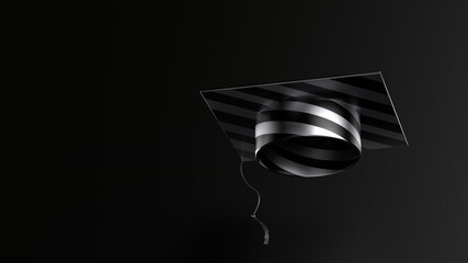 3d render of a black and metal graduate cap on a dark background