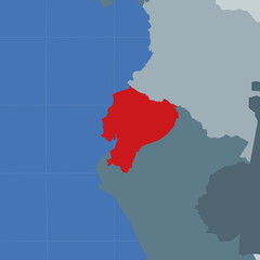 Shape of the Ecuador in context of neighbour countries. Country highlighted with red color on world map. Ecuador map template. Vector illustration.