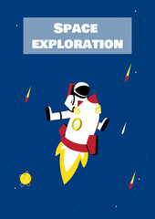 Astronaut riding rocket in outer space. Cute Astronomy art print with spaceman character. Space exploration poster design. Vector illustration.