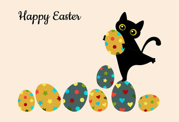 Greeting card with colored eggs in trending colors Happy Easter and black cute cat. For printing on decorative pillows, cups, kitchen textiles, clothing. 