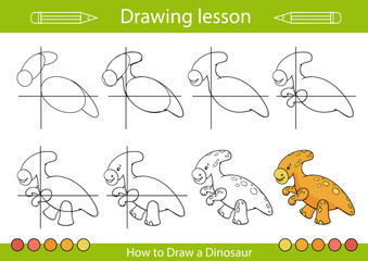 Drawing step by step. Lesson for kids. How to draw a dinosaur. Drawing tutorial. Children worksheet. Activity page for book. Vector illustration.