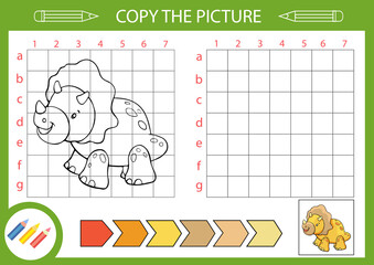 Tutorial how draw a dinosaur. Connect drawing. Copy the picture using grid. Activity page for book. Coloring page. Drawing lessons. Children funny education riddle. Vector illustration