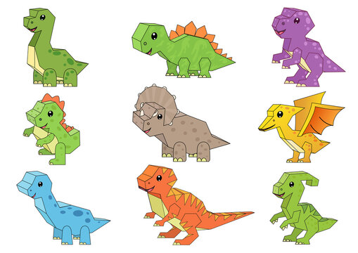 Set of cute 3d dinosaurs. Collection of cartoon funny animal character. Vector illustration.