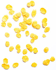 Corn flakes on white background, wallpaper for healthy food store. Bio cereal for breakfast