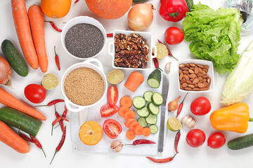 Vegetables, fruits, nuts, seeds on a light background. The concept of healthy and natural food for weight loss, lifestyle, detox diet,