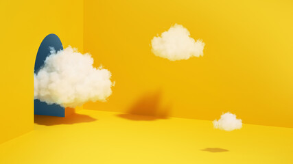 3d render, abstract minimal yellow background with white clouds flying out the tunnel - obrazy, fototapety, plakaty