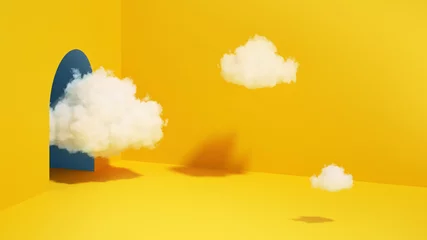 Tapeten 3d render, abstract minimal yellow background with white clouds flying out the tunnel © NeoLeo