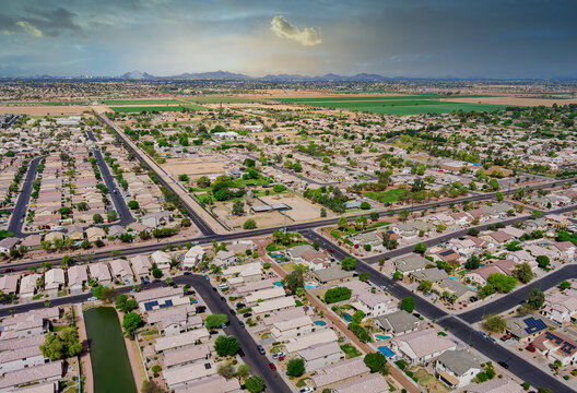View overlooking desert small town a Avondale city of rugged mountains near of state capital Phoenix Arizona