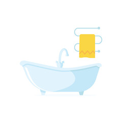 Blue bathroom on legs with faucet, heated towel rail with yellow towel, isolated on white background. Modern bathroom interior.  Element for design bathroom. Vector Illustration