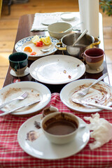 finished empty brunch breakfast table, with empty dishes and cups