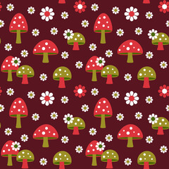 mushrooms and daisy retro seamless pattern on dark red background