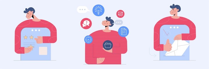 Business concept illustrations. Collection of scenes at office with men . Modern flat vector illustration.