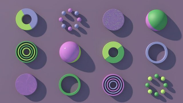 Colorful circle shapes. Abstract animation, 3d render.