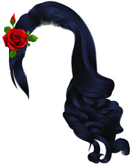 woman long curly hairs with flower.red rose . brunette black colors .
carmen style . beauty fashion . realistic 3d .
