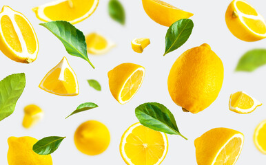 Juicy ripe flying yellow lemons, green leaves on light gray background. Creative food concept....