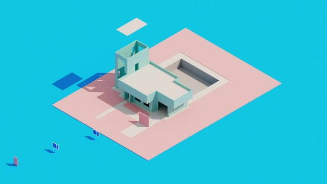 3d animation of constructing modern house with a swimming pool on the blue ground. Top view of isometric vintage building.