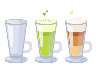Cartoon vector set of glass cappuccino cups. Empty cup, matcha latte and classic cappuccino.