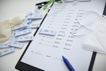 Fototapeta premium filling coronavirus test form. COVID-19 test. positive rapid antigen test outcome Medical test form for new coronavirus