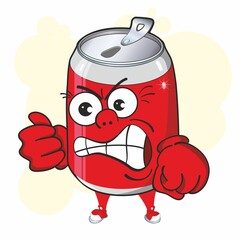 Aluminum can cartoon mascot. Image of funny red can of fizzy drink. Drink, soda, cola, beer.