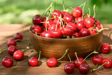 Ripe juicy berries cherries in a bowl. Freshly picked ripe cherries in a bowl