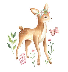 Baby Deer watercolor floral illustration 