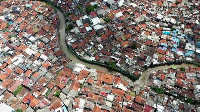 Pasupati bridge near a water canal in Bandung, West Java Indonesia, Aerial top view tilt down shot