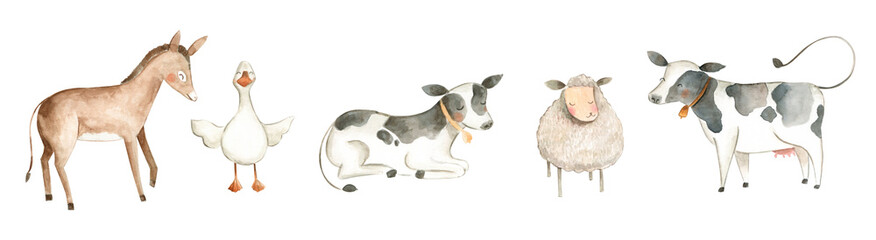 Watercolor animals Farm illustration donkey cow chicken duck sheep