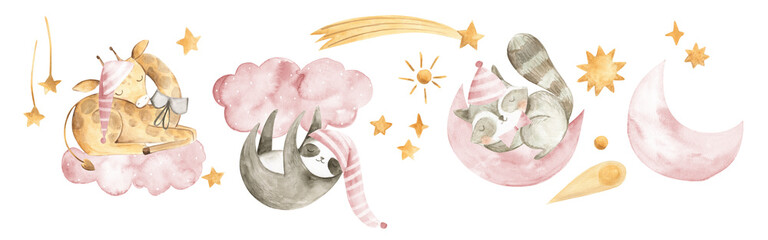 Watercolor animals baby sleeping nursery Giraffe sloth squirrel girls pink