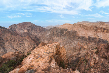 Fototapeta na wymiar View to rocky landscape from viewpoint near Ad Deir (The Monastery) in Petra, Jordan