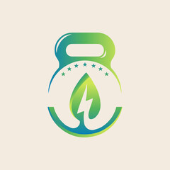 fuel cell technology with dumbbell and fitness icon vector logo design.