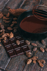 Preparation handmade chocolate candies. Ingredients for making chocolate - cocoa beans