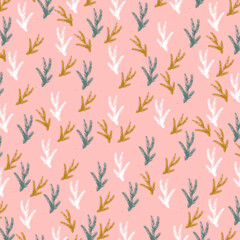 Pattern with hand drawn fir branches. The colors are white, pink, yellow and green. Suitable for fabric textile, web, page.