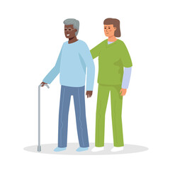 An elderly handicapped man with a cane and a nurse. Retired and assistant.