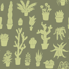 Cactus plants seamless vector hand drawn silhouette pattern